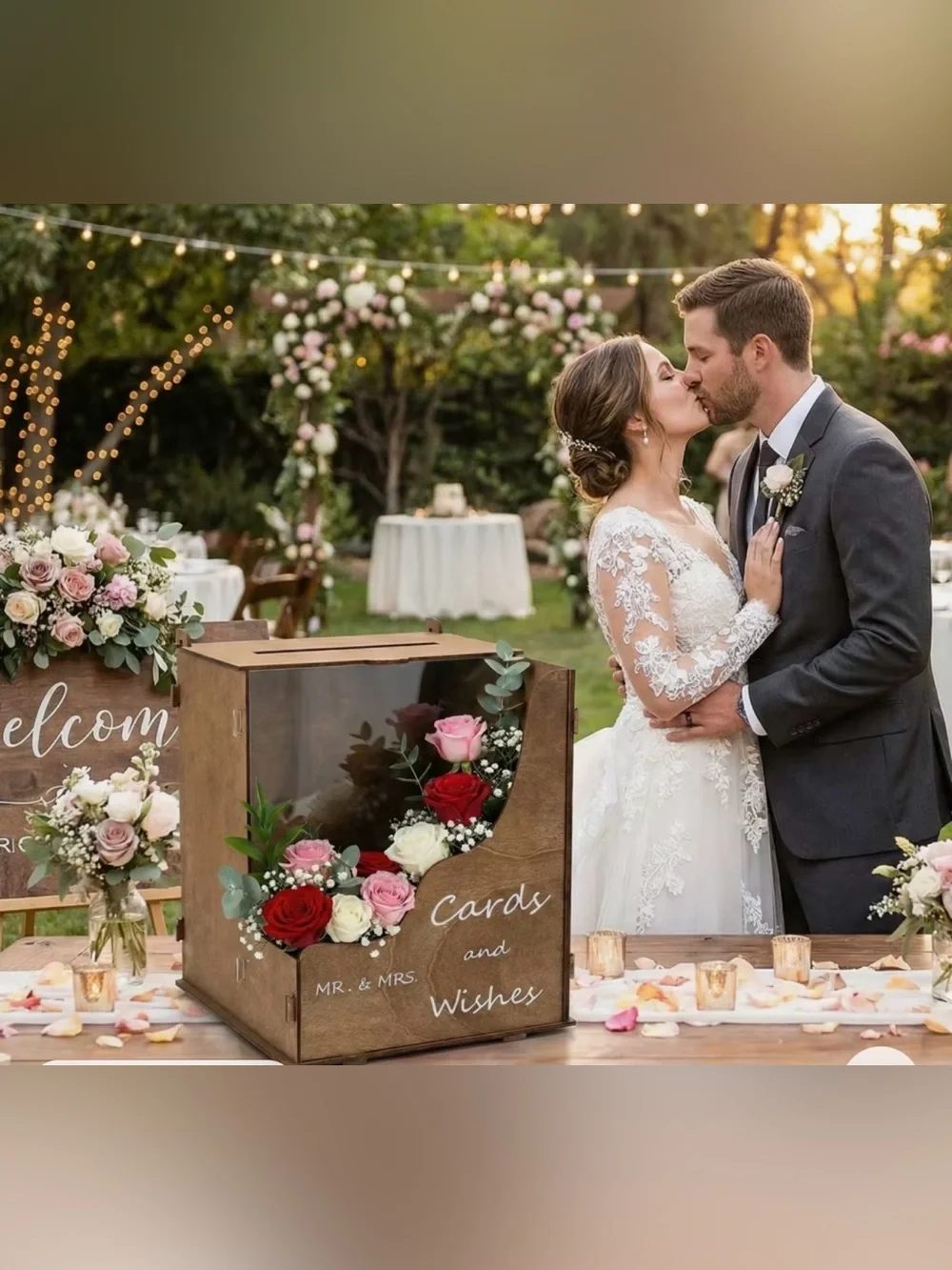 Wooden 'Cards and Wishes' Card Box - Brown
